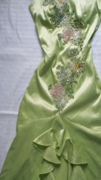 Classy Spaghetti Straps Green Satin Beaded Mermaid Long Party Dress Prom Dress SP2691
