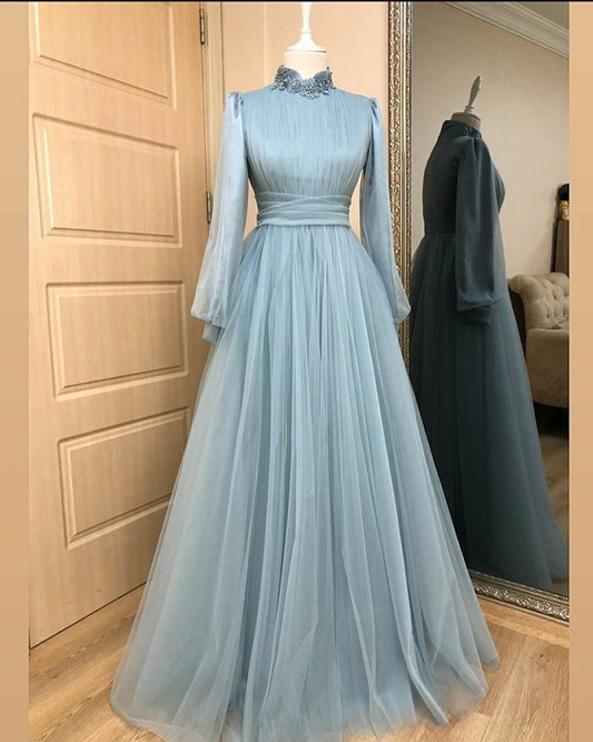 Formal Gown Arab Dubai Muslim Long Sleeves High Waist Prom Dress Y6971