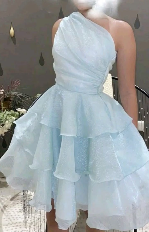 Shiny Light Blue Tulle Sequin Layered A Line Short 9th Grade Homecoming Dress,One Shoulder Mini Prom Gown SP2837