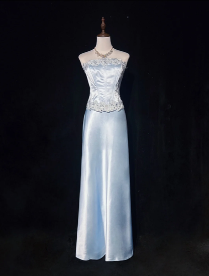 Classy Light Blue Strapless Satin Mermaid Long Wedding Guest Dress Formal Birthday Evening Dress SP1390