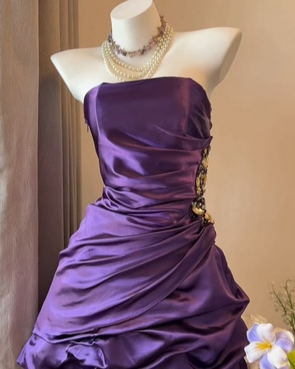 Vintage Purple Strapless Satin Pleated A Line Short Homecoming Dress Birthday Dress SP3495