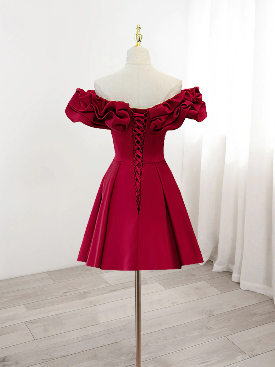 Burgundy A-Line Off Shoulder Satin Homecoming Dress ,Y2506