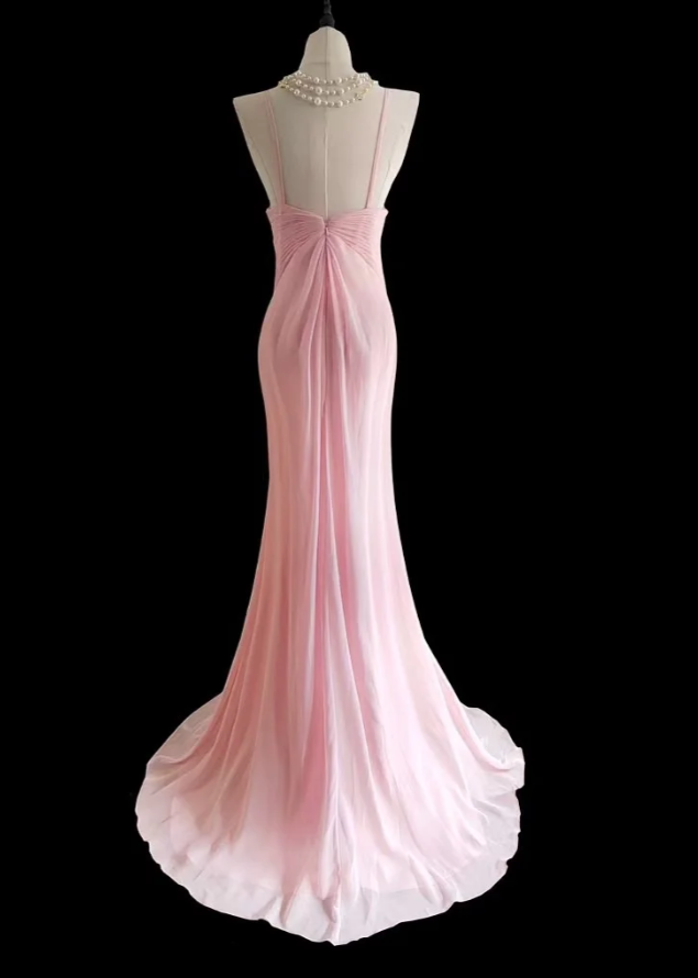 Sweet Pink Halter Chiffon Mermaid Party Dress Long Wedding Guest Dress SP420