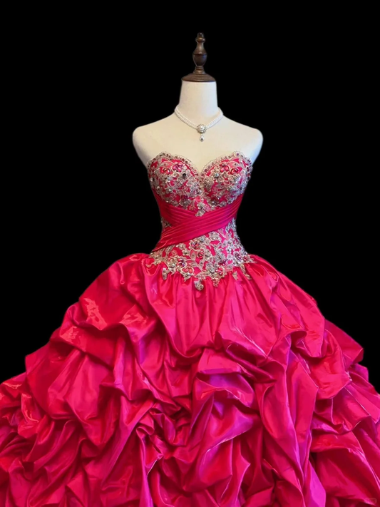 Retro Hot Pink Satin Pleated Embroidered Beaded Quinceanera Dress Sweetheart Neck Sweet 16 Dress SP4087