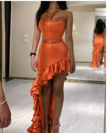 Orange Pearl Beads One Shoulder Long Prom Dresses Sexy Cut Out Waist Slim Fit Straight Satin Senior Bridesmaid Gowns Y6320