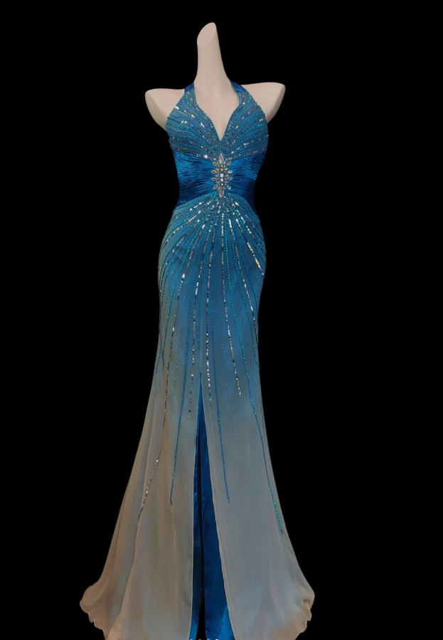 Chic Ombre Blue Halter Chiffon Sequin Beaded Slit Mermaid Party Dress Long Prom Gown SP416