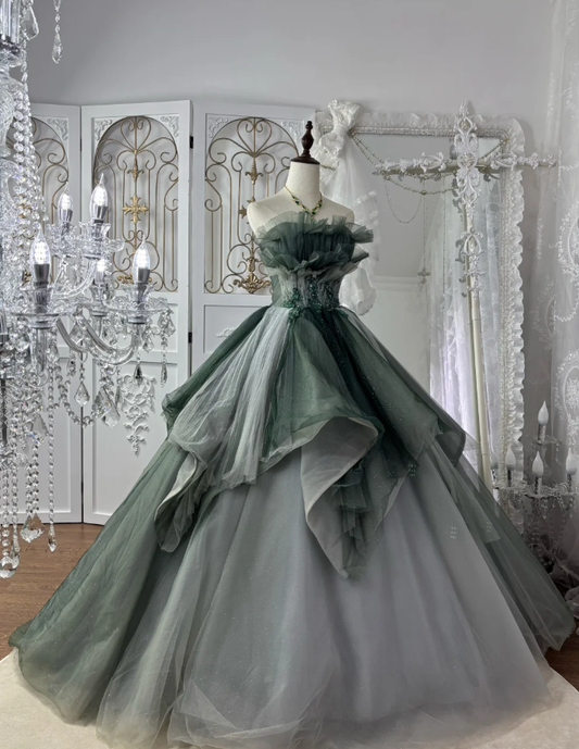 Elegant Strapless Green Tulle Sequin Ball Gown Formal Birthday Quinceanera Dress With Appliques SP1772