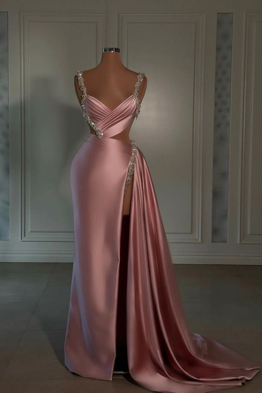Glamorous Pink Evening Dress Sweetheart Spaghetti Strap With High Slit Trail Y6714