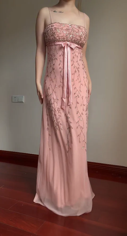 Classy Spaghetti Strap Pink Chiffon Beaded Long Prom Dress Formal Evening Dress SP944