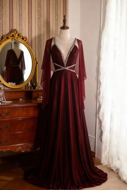 Sexy Burgundy Satin Beaded Backless Long Evening Dress Prom Gown SP848
