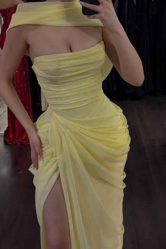 Pretty Yellow Chiffon Pleated High Slit Long Party Dress Prom Dress SP3009