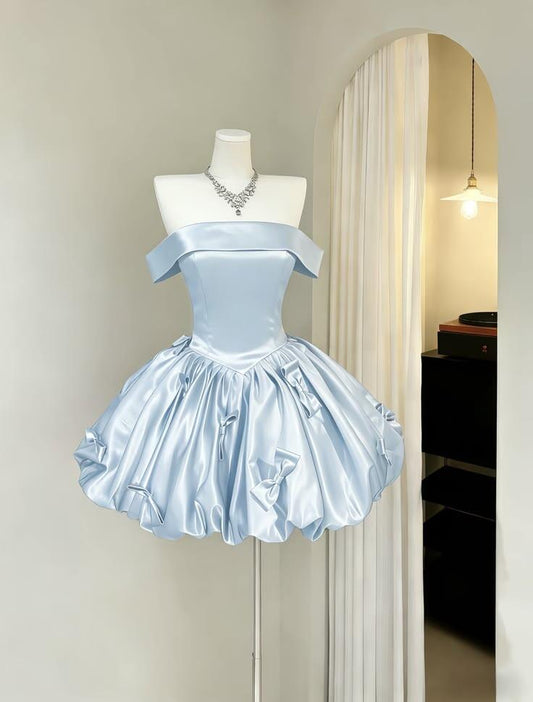 Cute Blue Strapless Satin Bow A Line Short Graduation Homecoming Dress Birthday Outfits Outfits SP2336