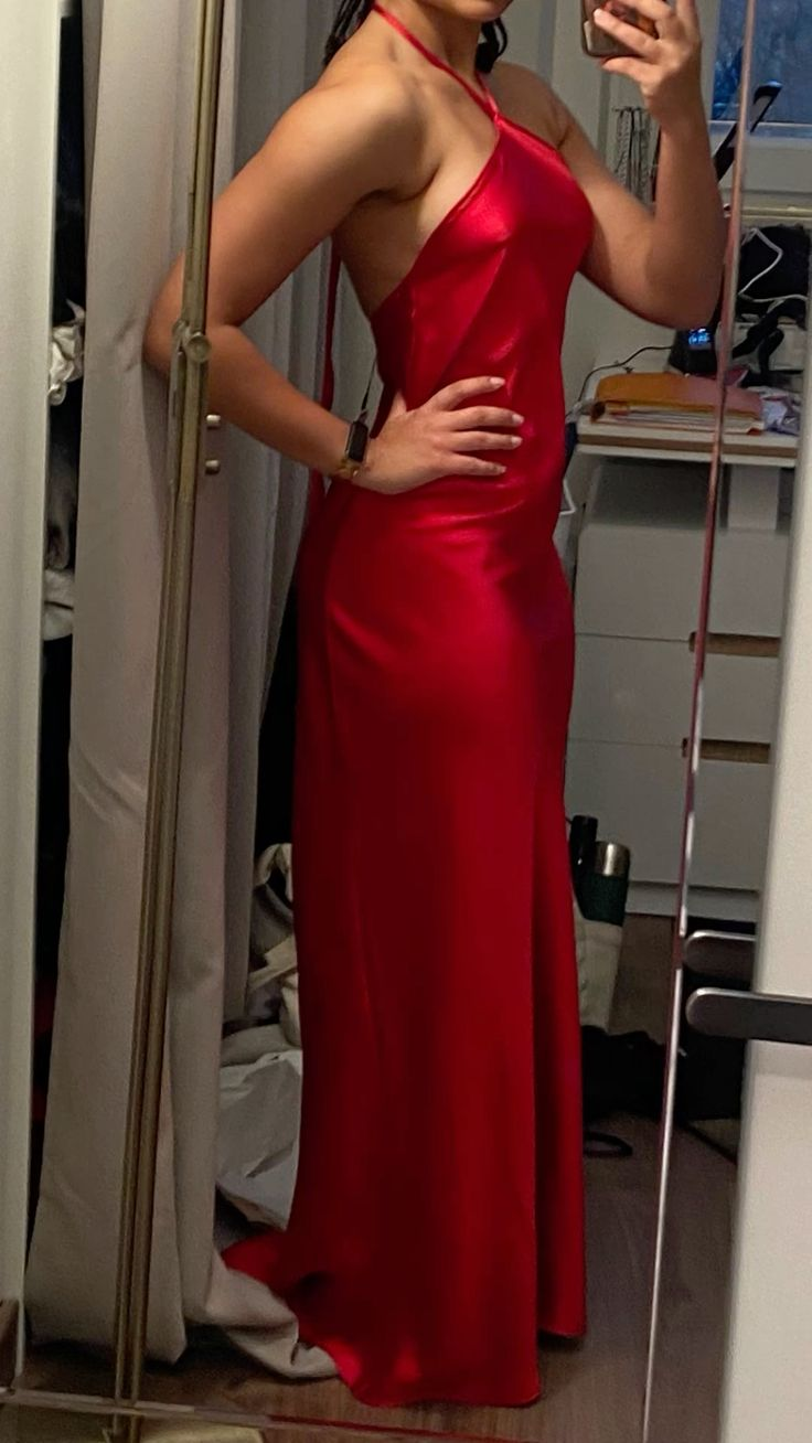 Sexy Halter Red Satin Mermaid Long Party Dress Prom Gown SP895