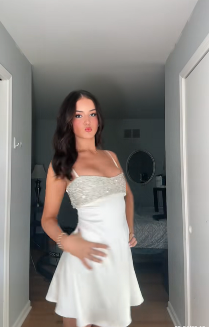 Elegant Spaghetti Straps White Satin Beaded A Line Short Homecoming Dress Birthday Outfits SP2878