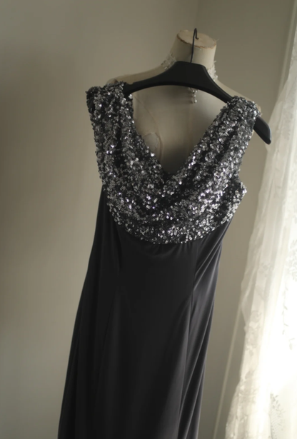 Retro Sleeveless Sequin Satin Mermaid Long Wedding Guest Dress Evening Gown SP1023