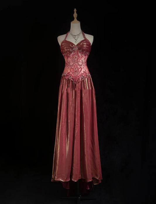 Retro Halter Satin Beaded A Line Long Wedding Guest Dress Formal Birthday Prom Dress Evening Gown  SP1440