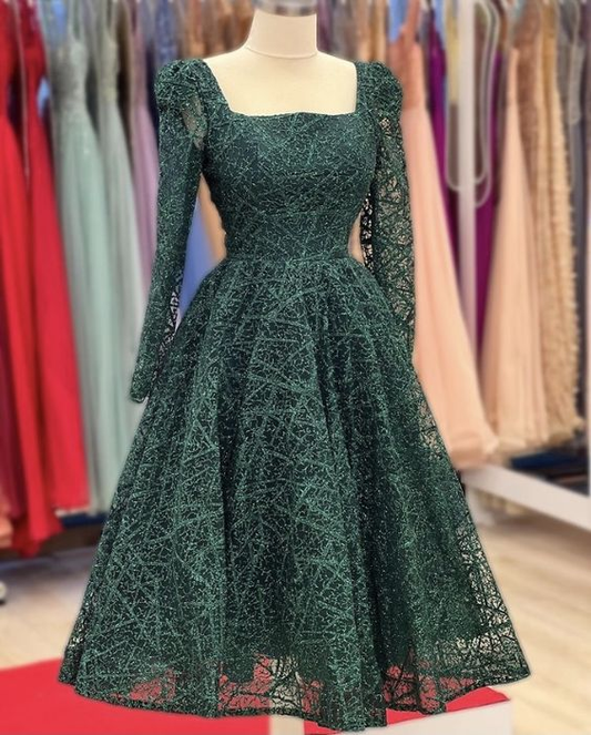 Chic Green Square Neck A-line Prom Dress,Green Party Gown Y6079