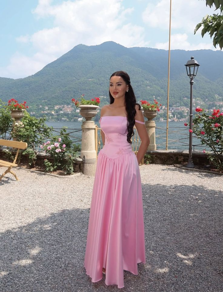 Charming Pink Satin Appliques A Line Long Party Gown,Spaghetti Straps Long Wedding Guest Dress SP2484