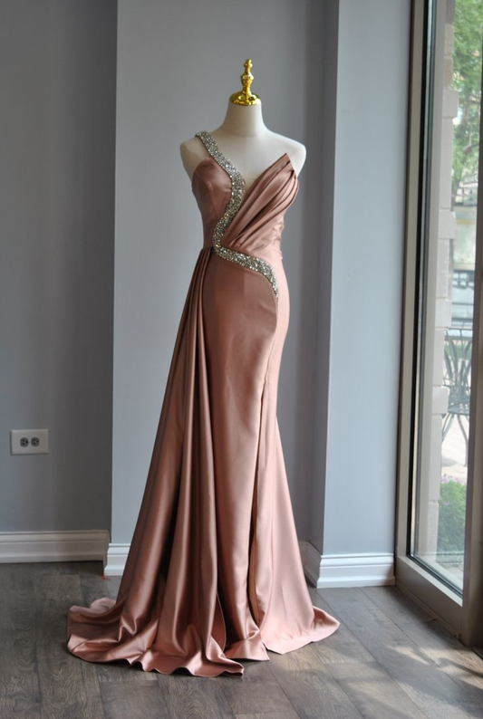 Rose Pink Crystal Beaded Evening Dress,One Shoulder Satin Mermaid Long Prom Dress Y8519