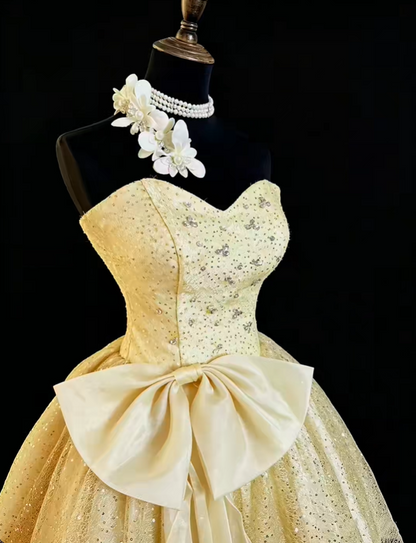 Glitter Champagne Gold Strapless Tulle Sequin Short Homecoming Dress Birthday Outfits With Bow SP2765