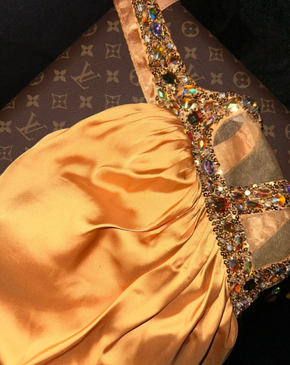 Vintage One Shoulder Orange Satin Beaded Mermaid Prom Dress Long Party Dress SP676