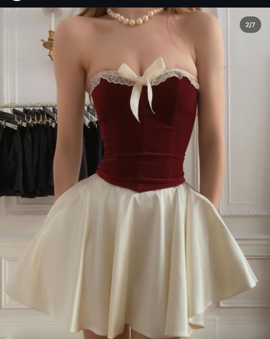 Cute Strapless Satin Velvet A Line Short Graduation Homecoming Dress 21st Birthday Outfits SP09