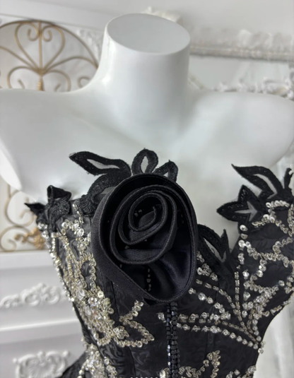 Pretty Black Lace Satin Print Floral Mermaid Long Party Dress,Formal Birthday Prom Dress With Beads SP1443