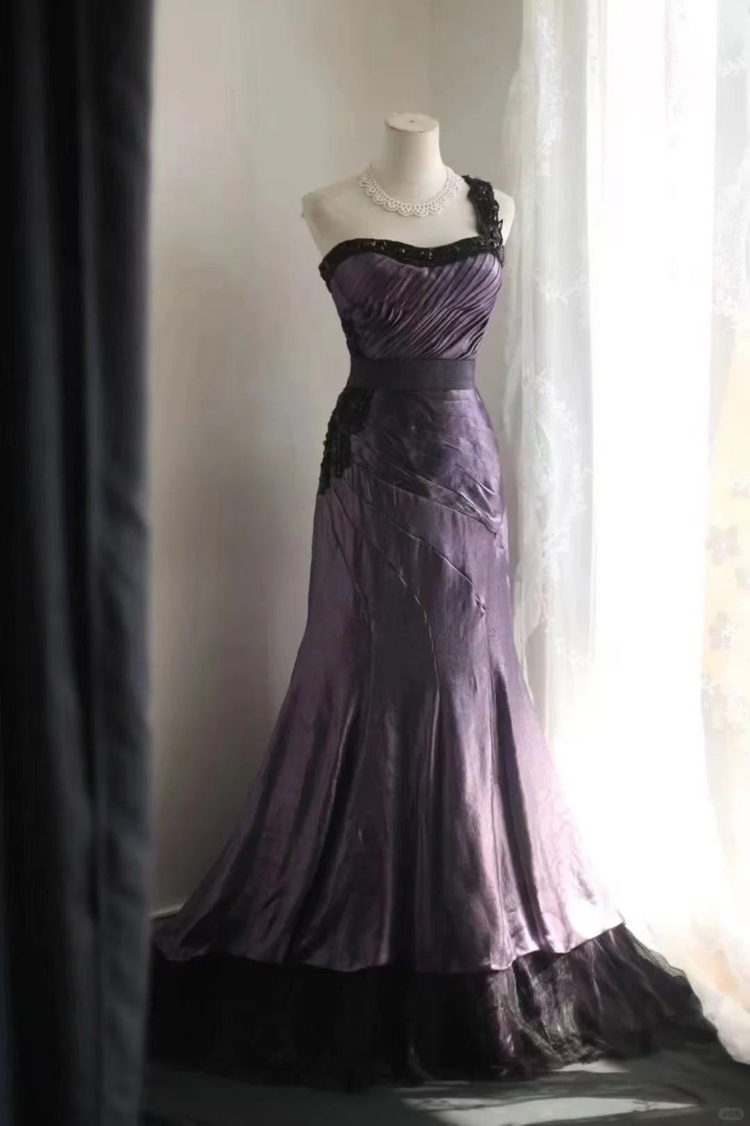Vintage One Shoulder Purple Satin Beaded Mermaid Party Dress Long Birthday Prom Gown SP752