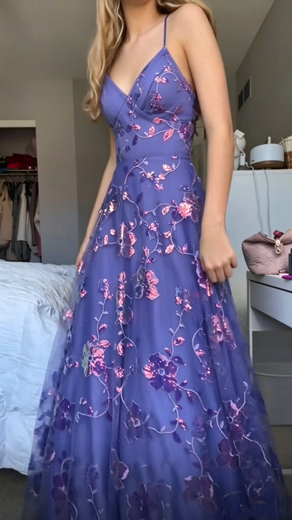 Elegant Spaghetti Straps Tulle Sequin Floral Prom Dress Purple Long Party Dress SP4226