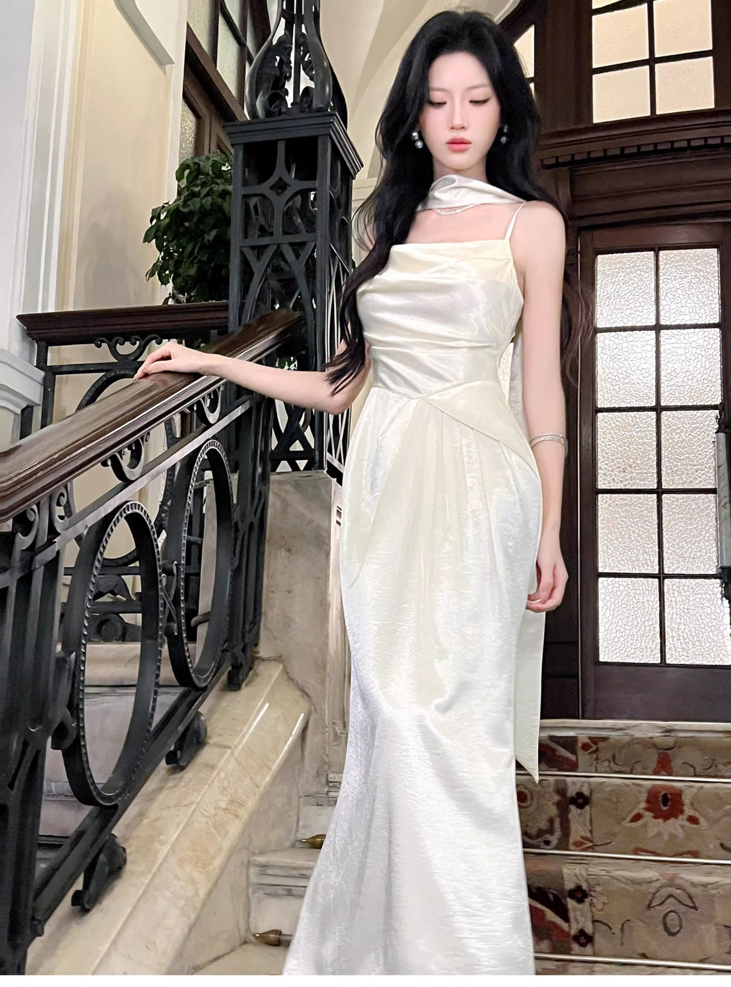 Classy Spaghetti Straps White Satin Mermaid Long Wedding Guest Dress Formal Evening Dress With Scarf SP1645