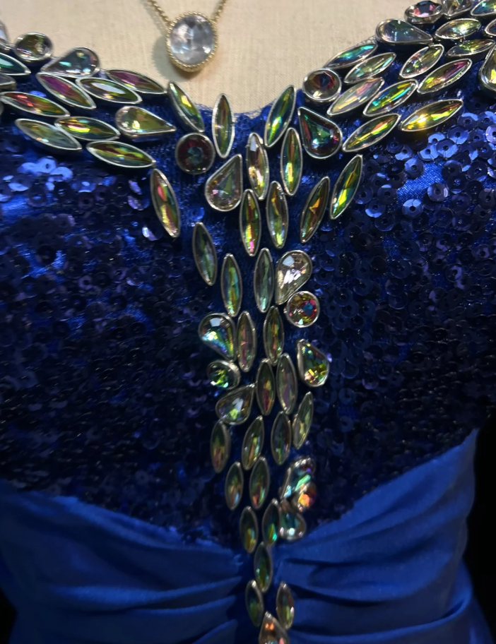 Gorgeous Strapless Satin Sequin Beaded Mermaid Long Party Dress Blue Birthday Prom Dress SP1820