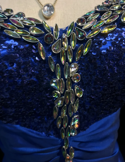 Gorgeous Strapless Satin Sequin Beaded Mermaid Long Party Dress Blue Birthday Prom Dress SP1820