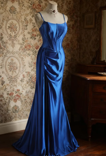 Classy Blue Spaghetti Straps Satin Pleated Mermaid Long Party Dress Birthday Prom Dresses SP1201
