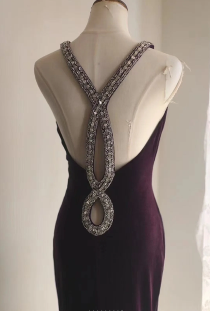 Sexy Purple V Neck Velvet Beaded Mermaid Long Wedding Guest Dress Formal Evening Dress SP1248