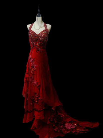 Vintage Halter Red Chiffon Beaded Lace Appliques Mermaid Evening Dress Birthday Prom Dress SP647