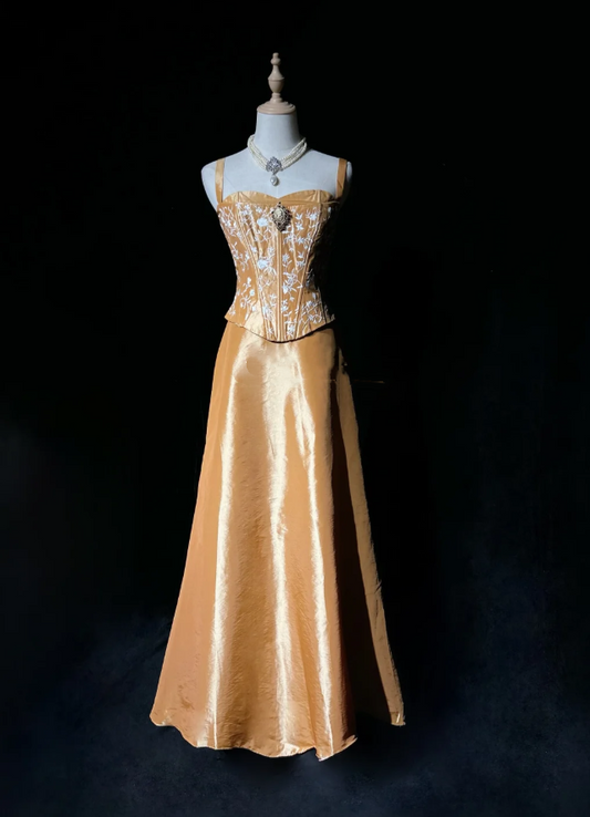 Pretty Spaghetti Straps Satin Embroidery A Line Long  Evening Dress 20th Birthday Outfits SP1966