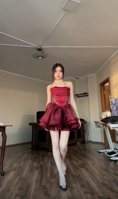 Retro Burgundy Satin Tulle Layered Short Graduation Homecoming Dress Cocktail Dress SP3925