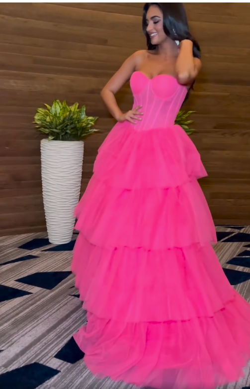 Hot Pink Strapless Layered Tulle A-line Long Prom Dress Y6224