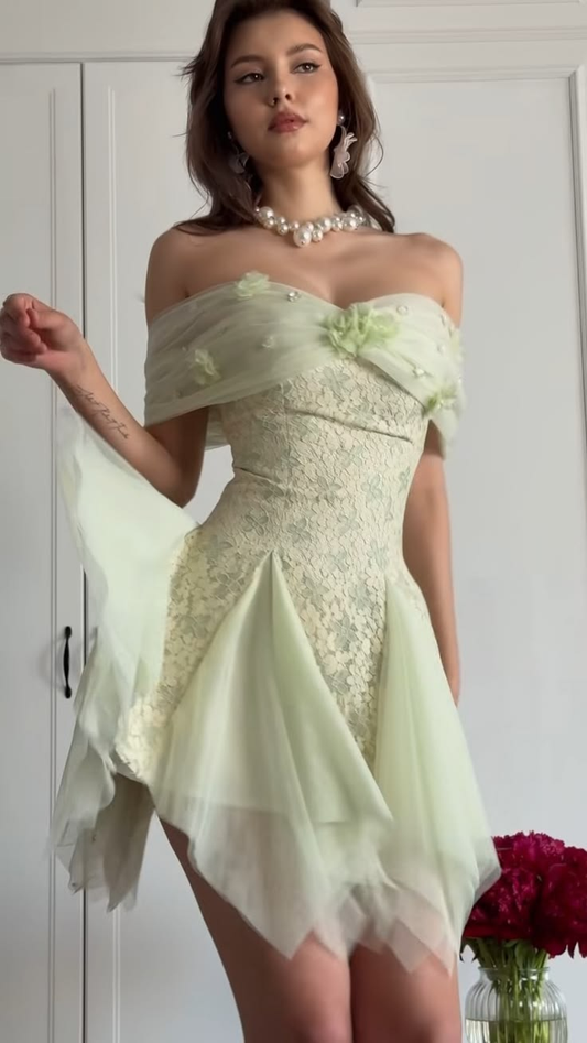 Glamorous Light Green Lace Tulle A Line Short Homecoming Dress,Off The Shoulder Mini Birthday Dress SP3034