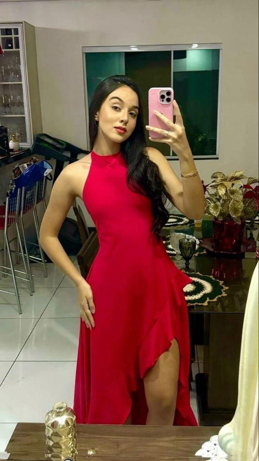 Red Sleeveless Slit Ruffles Prom Dress Evening Dress  Y7788