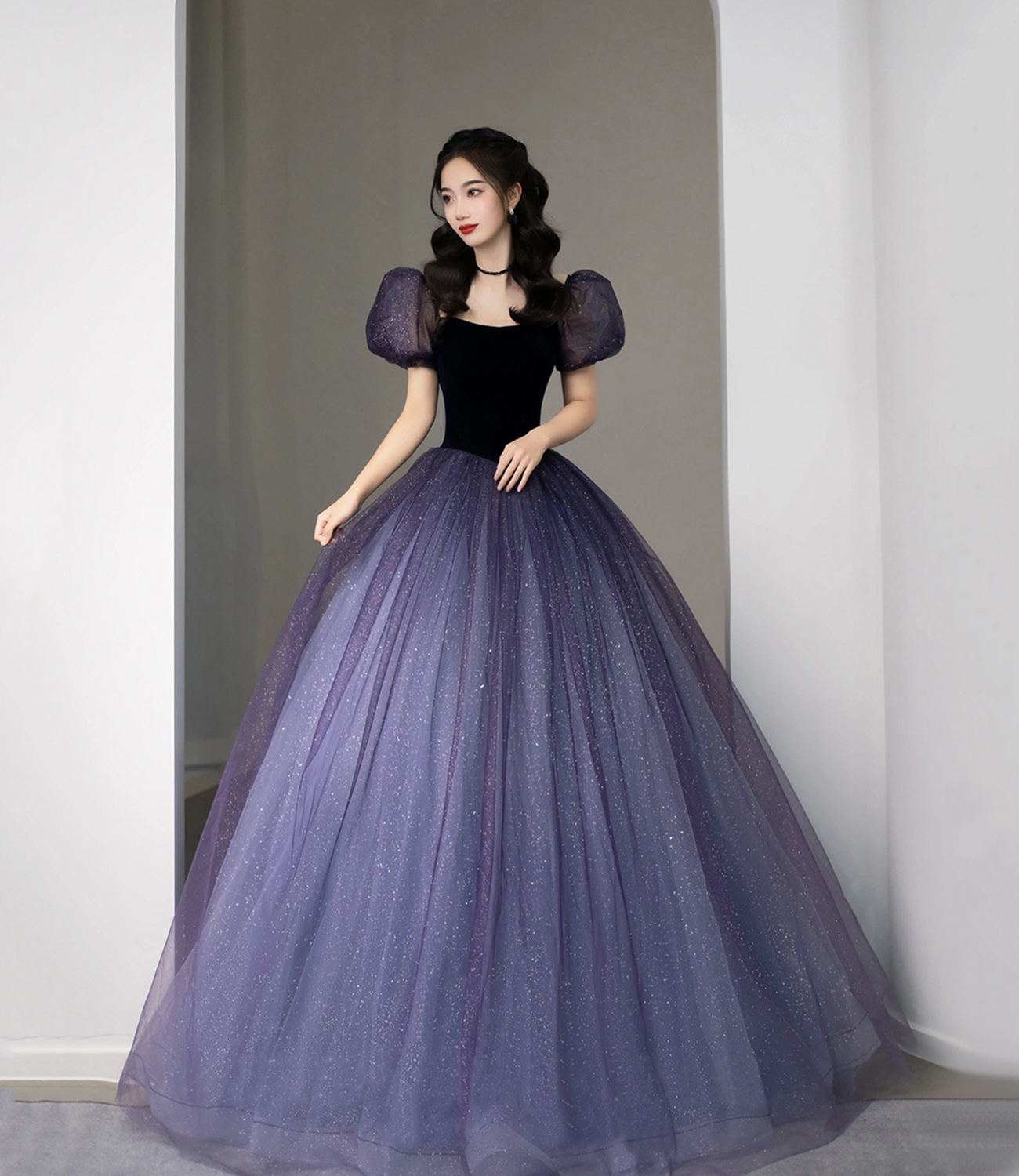 Purple Tulle Short Sleeve Formal Dress, Cute A-Line Evening Dress Y4291