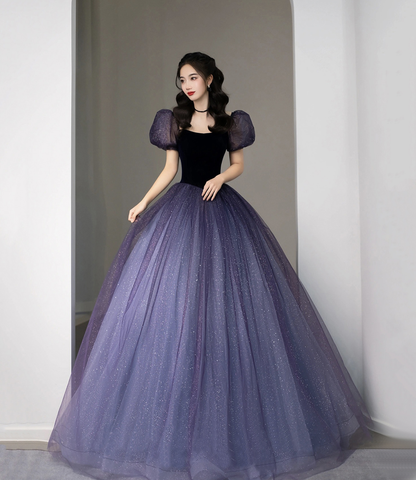 Purple Tulle Short Sleeve Formal Dress, Cute A-Line Evening Dress Y4291