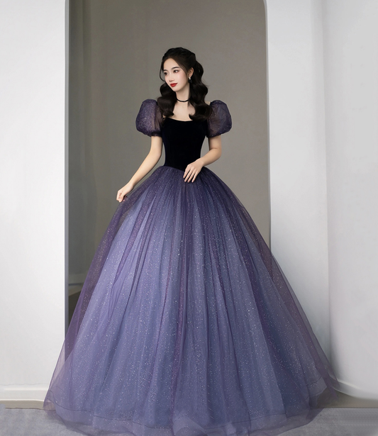 Purple Tulle Short Sleeve Formal Dress, Cute A-Line Evening Dress Y4291