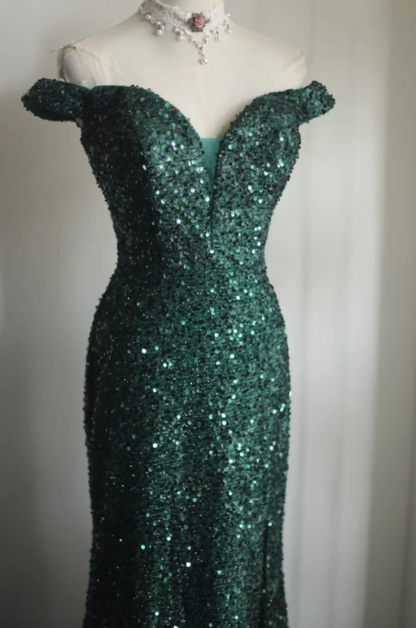 Vintage Off The Shoulder Green Sequin Slit Mermaid Wedding Guest Dress Long Party Dress SP1261