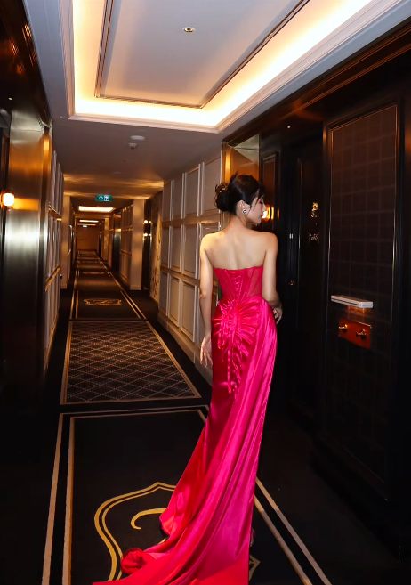 Stylish Hot Pink Satin Beaded Slit Mermaid Evening Dress Formal Wedding Guest Dress SP727