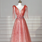 Elegant V Neck Tulle Sequins Prom Dress,Strawberry Pink A Line Long Evening Dress Y8614