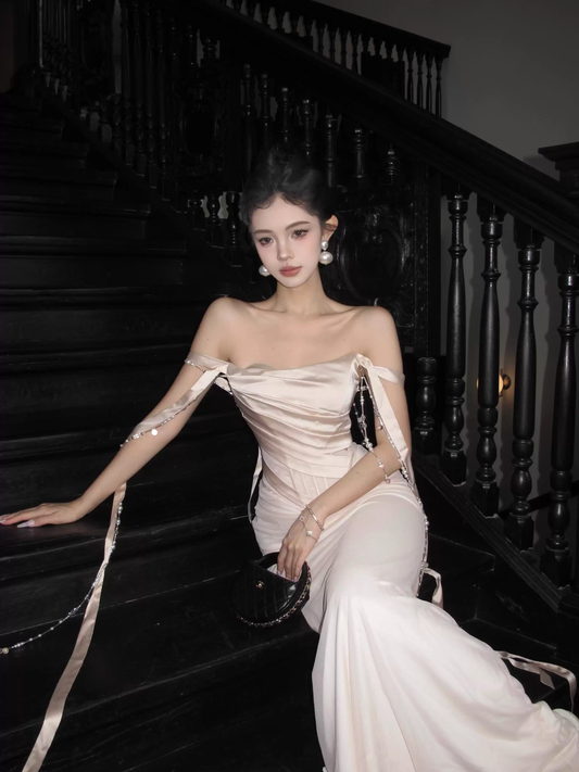 Classy Off The Shoulder Creamy Apricot Satin Tulle Pleated Mermaid Long Wedding Guest Dress Sexy Evening Dress SP2023