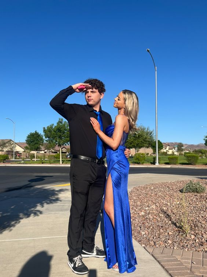 Royal Blue Spaghetti Straps Sheath Prom Dress With Split,Royal Blue Formal Gown Y6313