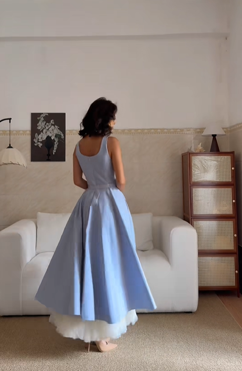 Classy Blue Satin Tulle A Line Long Party Dress Birthday Prom Dresses SP2072