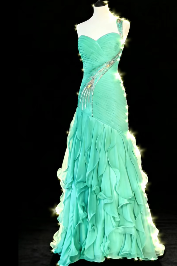 Classy One Shoulder Green Satin Beaded Pleated Chiffon Ruffle Mermaid Long Party Dress 20th Birthday Outfits SP1852